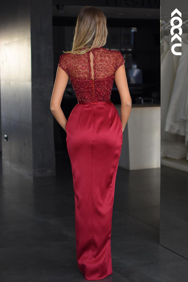 L2541 - Chic & Modern Sheath Scoop Illusion Beaded and Draped Formal Evening Party Prom Dress with High Side Slit and Overlay