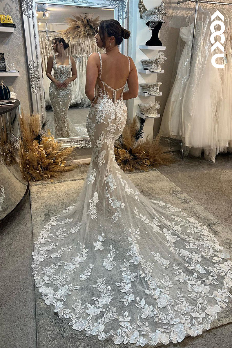 K1919 - Chic & Modern Sheath Square Fully Floral Appliques Corset Wedding Dress With Court Train
