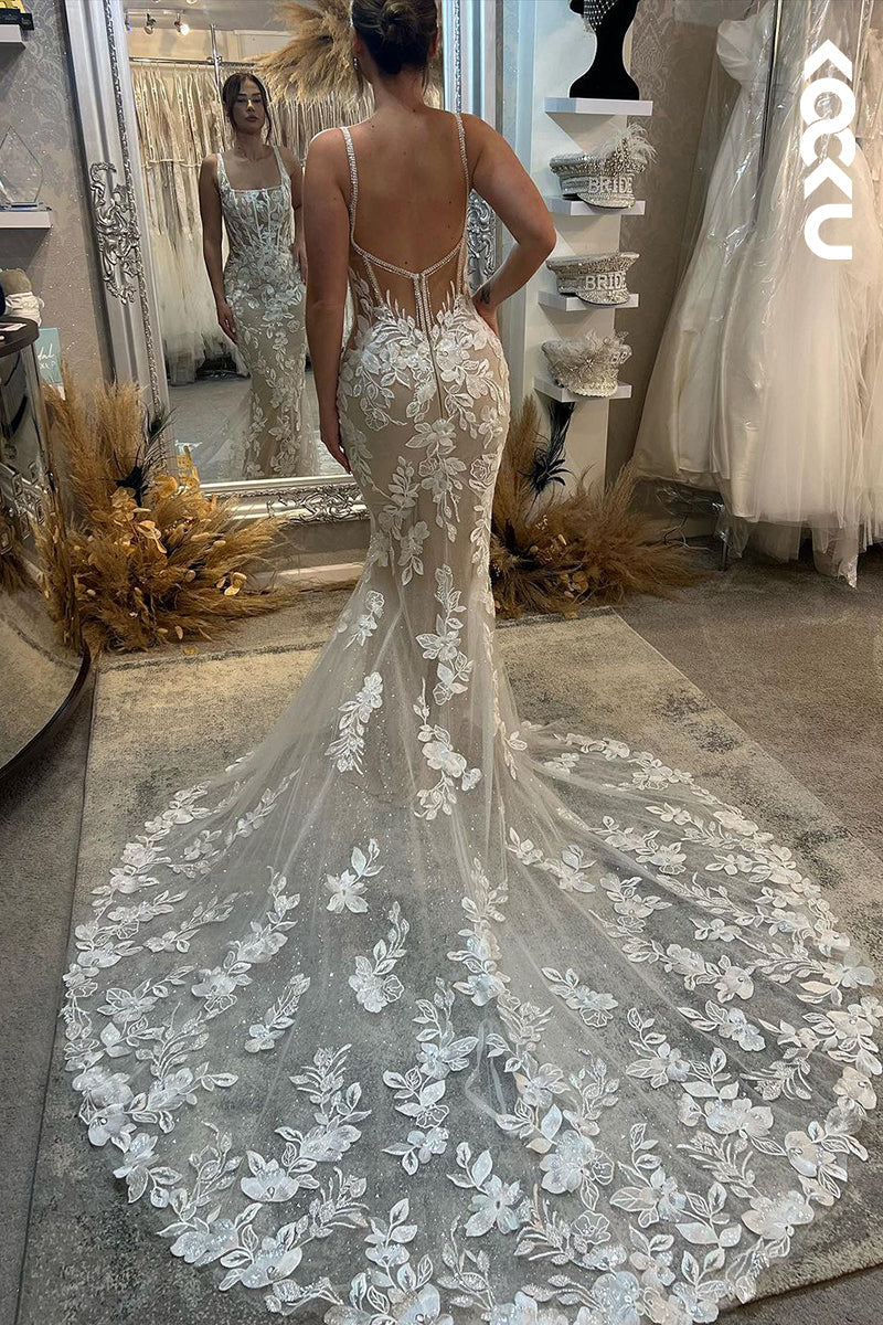 K1919 - Chic & Modern Sheath Square Fully Floral Appliques Corset Wedding Dress With Court Train