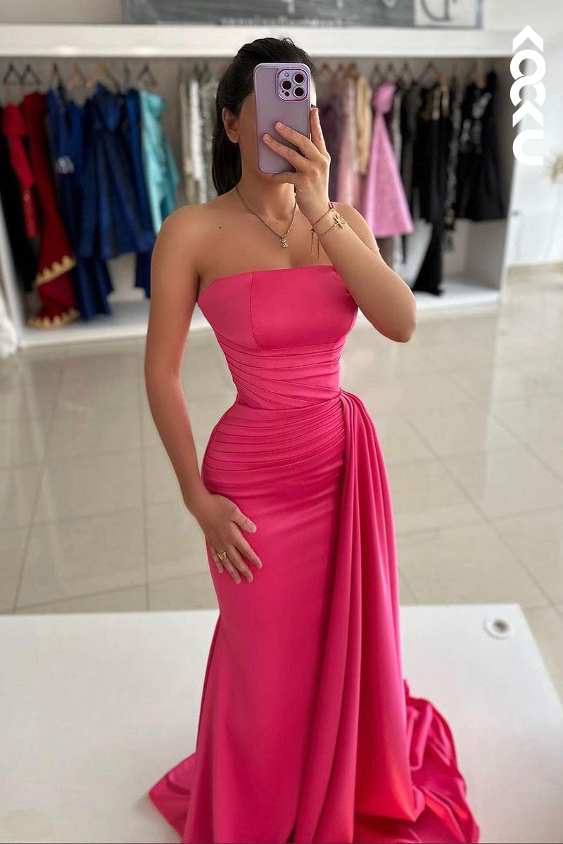L2545 - Chic & Modern Sheath Strapless Draped Eevning Gown Prom Dress with Side Slit and Overlay