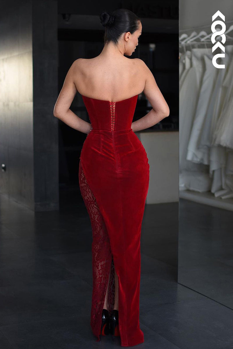 L2539 - Chic & Modern Sheath Strapless Sequined and Beaded Evening Party Prom Dress with Lace and Slit