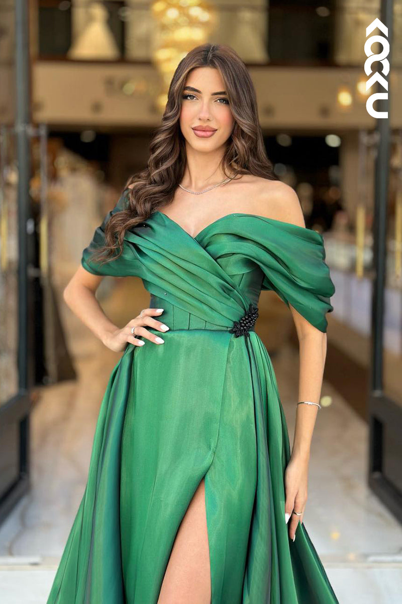 L2538 - Classic & Timeless A-Line Off Shoulder Beaded and Draped Formal Party Prom Dress with High Side Slit and Sweep Train