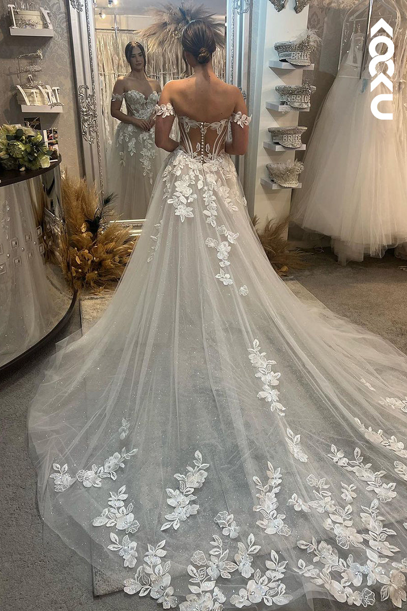 K1916 - Classic & Timeless A-Line Sweetheart Off Shoulder Tulle Court Train Floral Embossed Wedding Dress