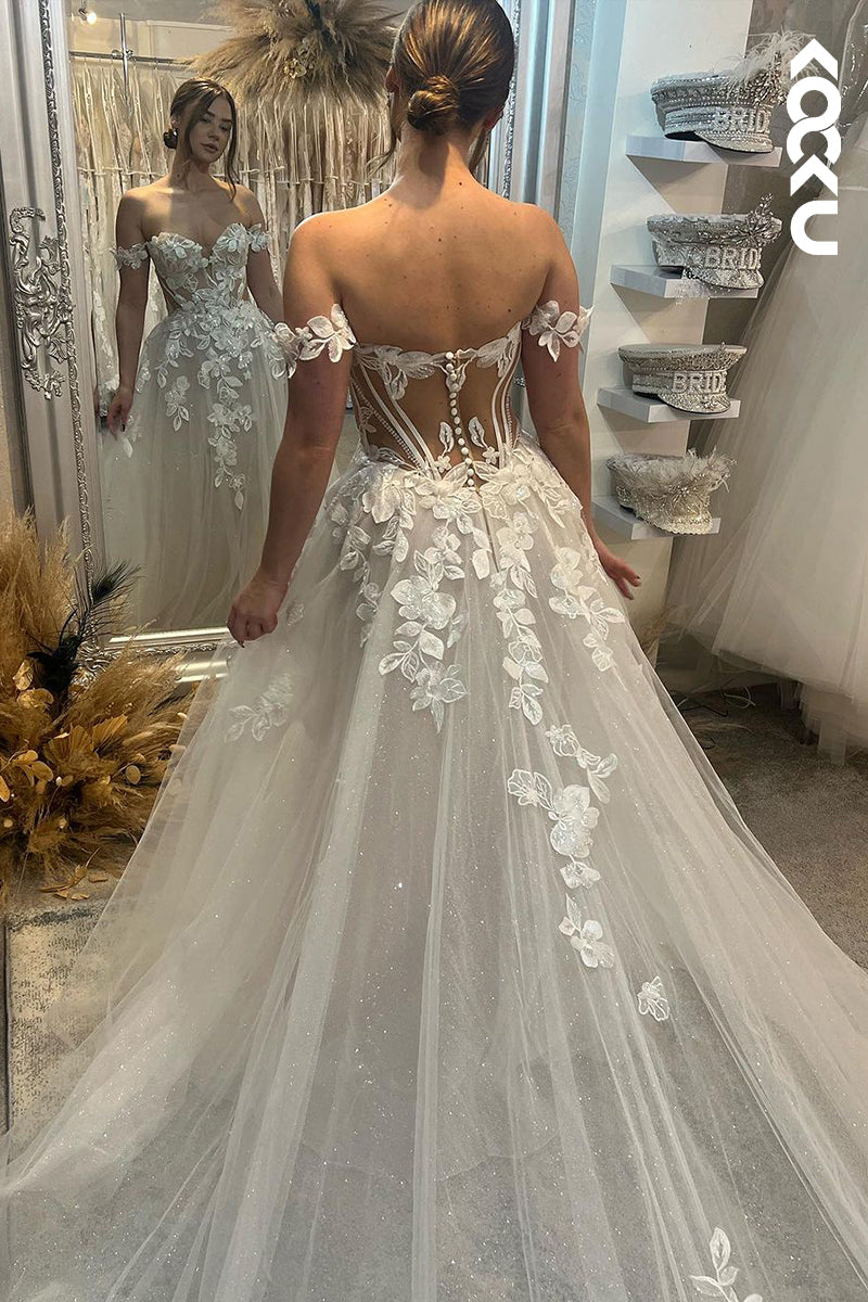 K1916 - Classic & Timeless A-Line Sweetheart Off Shoulder Tulle Court Train Floral Embossed Wedding Dress