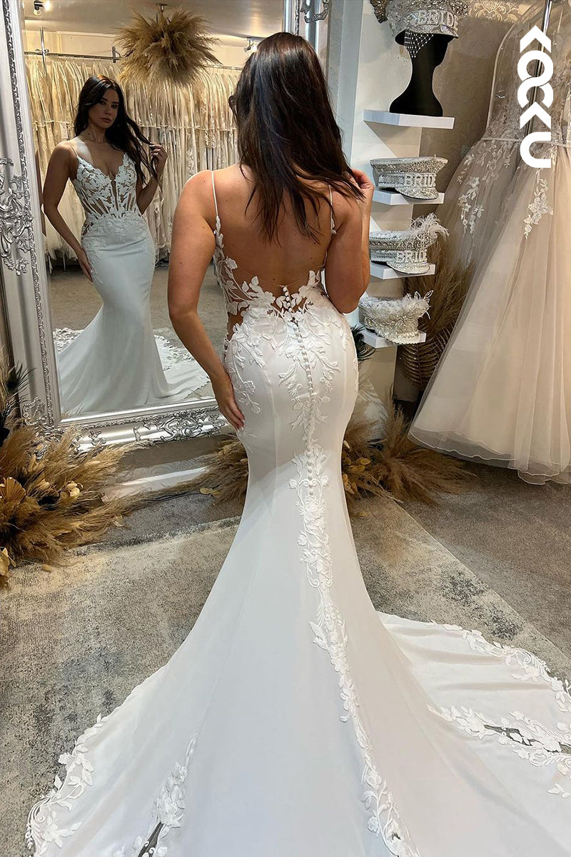 K1917 - Elegant & Luxurious Sheath & Mermaid Sweetheart Straps Floral Appiqued Backless Wedding Dress With Court Train