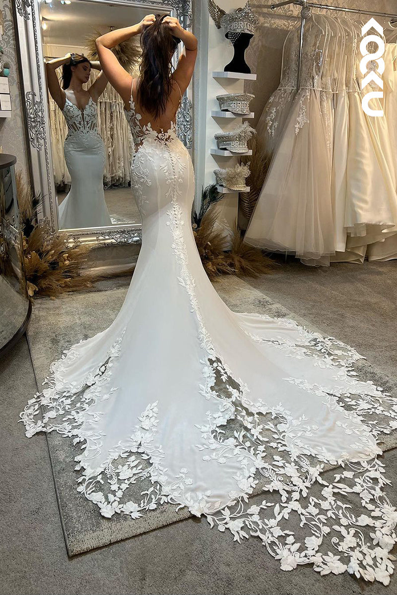 K1917 - Elegant & Luxurious Sheath & Mermaid Sweetheart Straps Floral Appiqued Backless Wedding Dress With Court Train