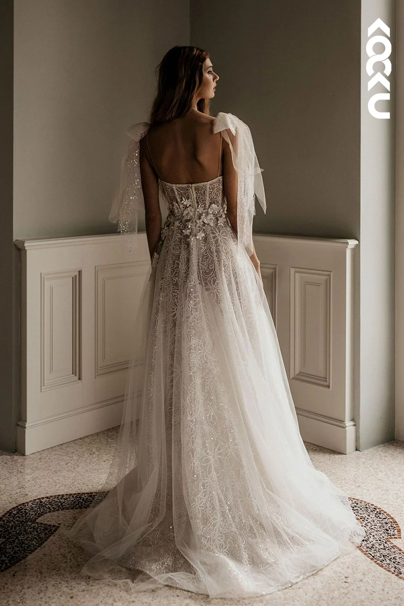 K1933 - Sexy & Hot A-Line Semi-Sweetheart Straps Bowknots Floral Lace & Appliques Corset Sweep Train Wedding Dress