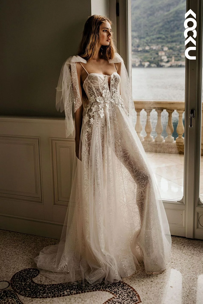 K1933 - Sexy & Hot A-Line Semi-Sweetheart Straps Bowknots Floral Lace & Appliques Corset Sweep Train Wedding Dress