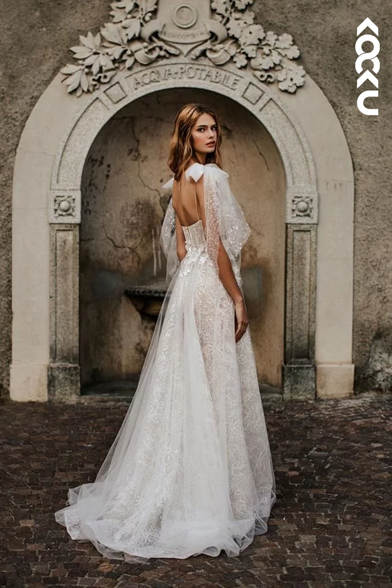 K1933 - Sexy & Hot A-Line Semi-Sweetheart Straps Bowknots Floral Lace & Appliques Corset Sweep Train Wedding Dress