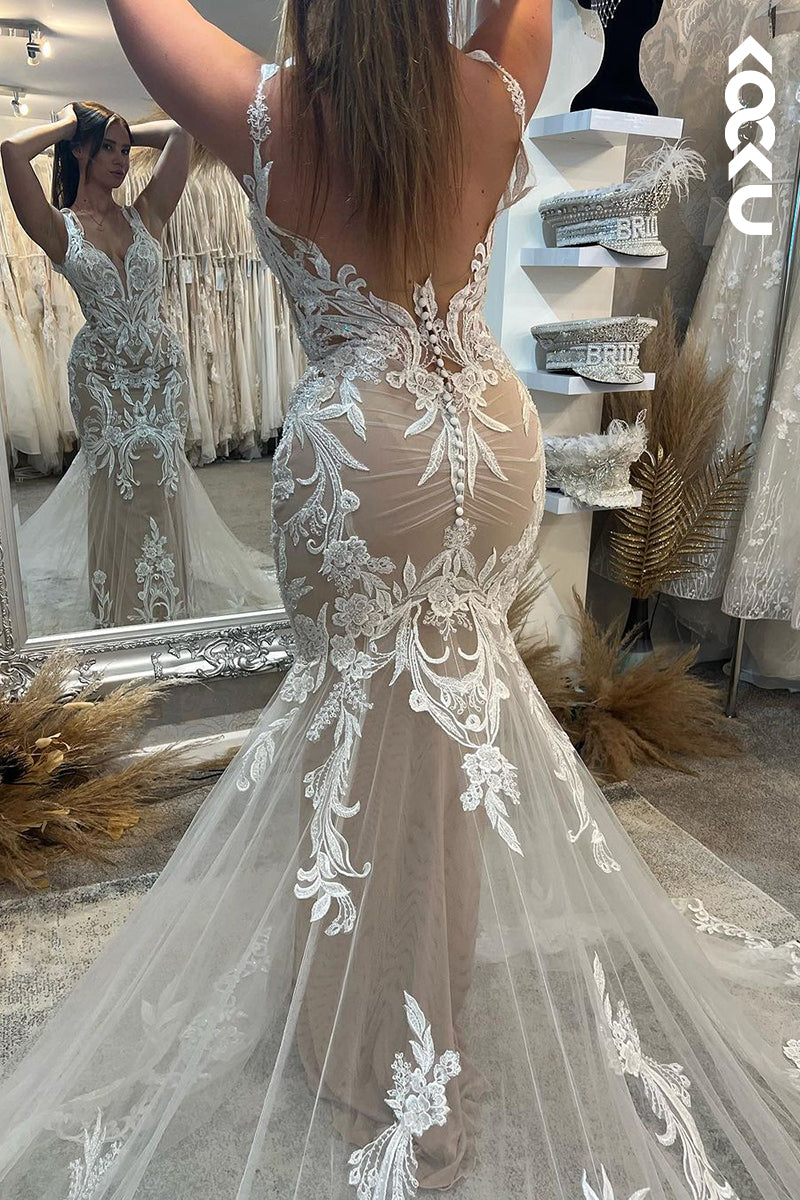 K1923 - Sexy & Hot Mermaid Plunging V-Neck Tulle Floral Appliques Wedding Dress With Court Train