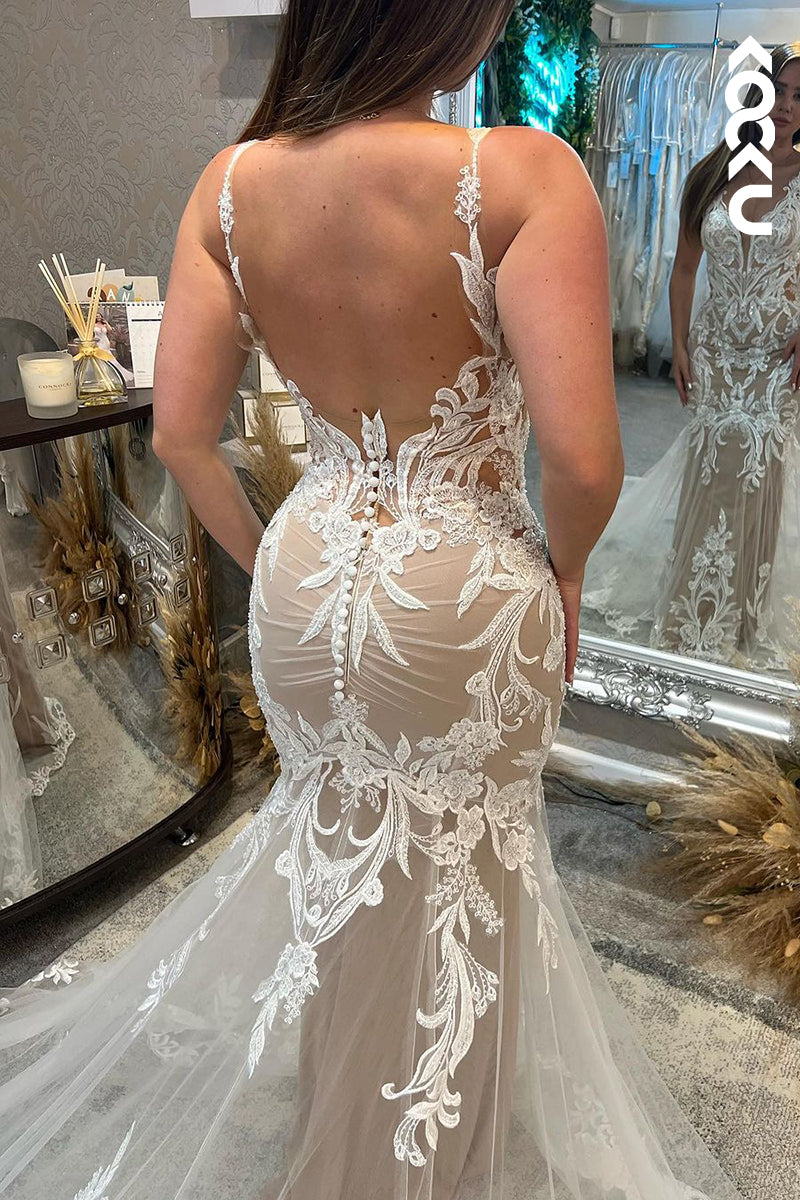 K1923 - Sexy & Hot Mermaid Plunging V-Neck Tulle Floral Appliques Wedding Dress With Court Train