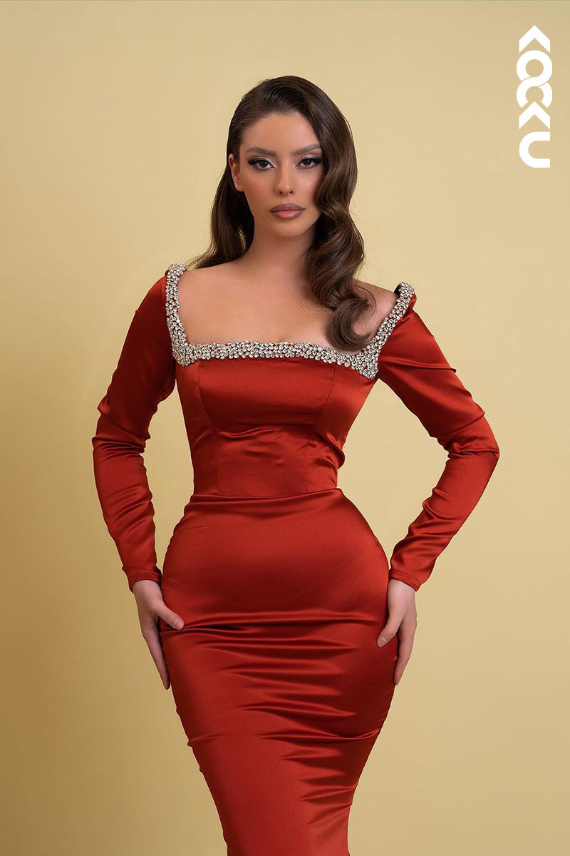 L2550 - Sexy & Hot Mermaid Square Beaded Evening Party Prom Dress with Long Sleeves