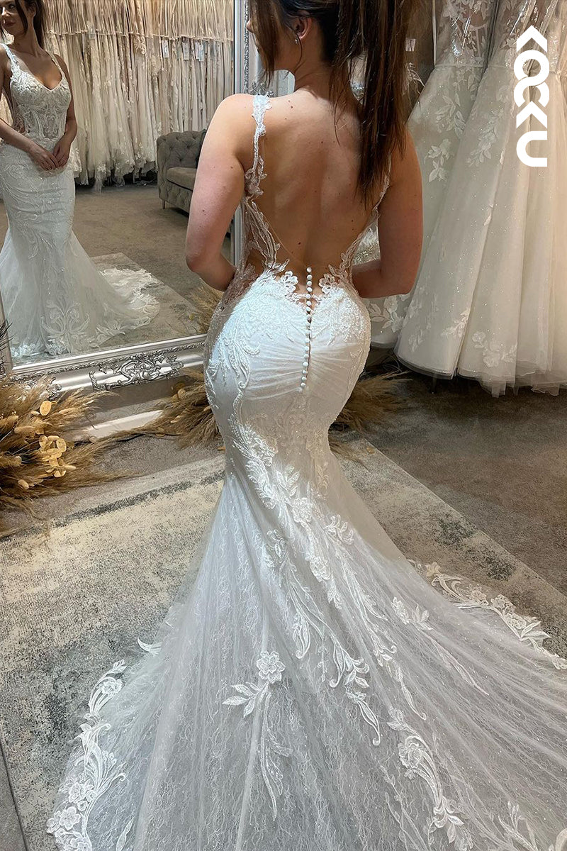 K1924 - Sexy & Hot Mermaid Straps Backless Lace Floral Appliques Wedding Dress With Court Train