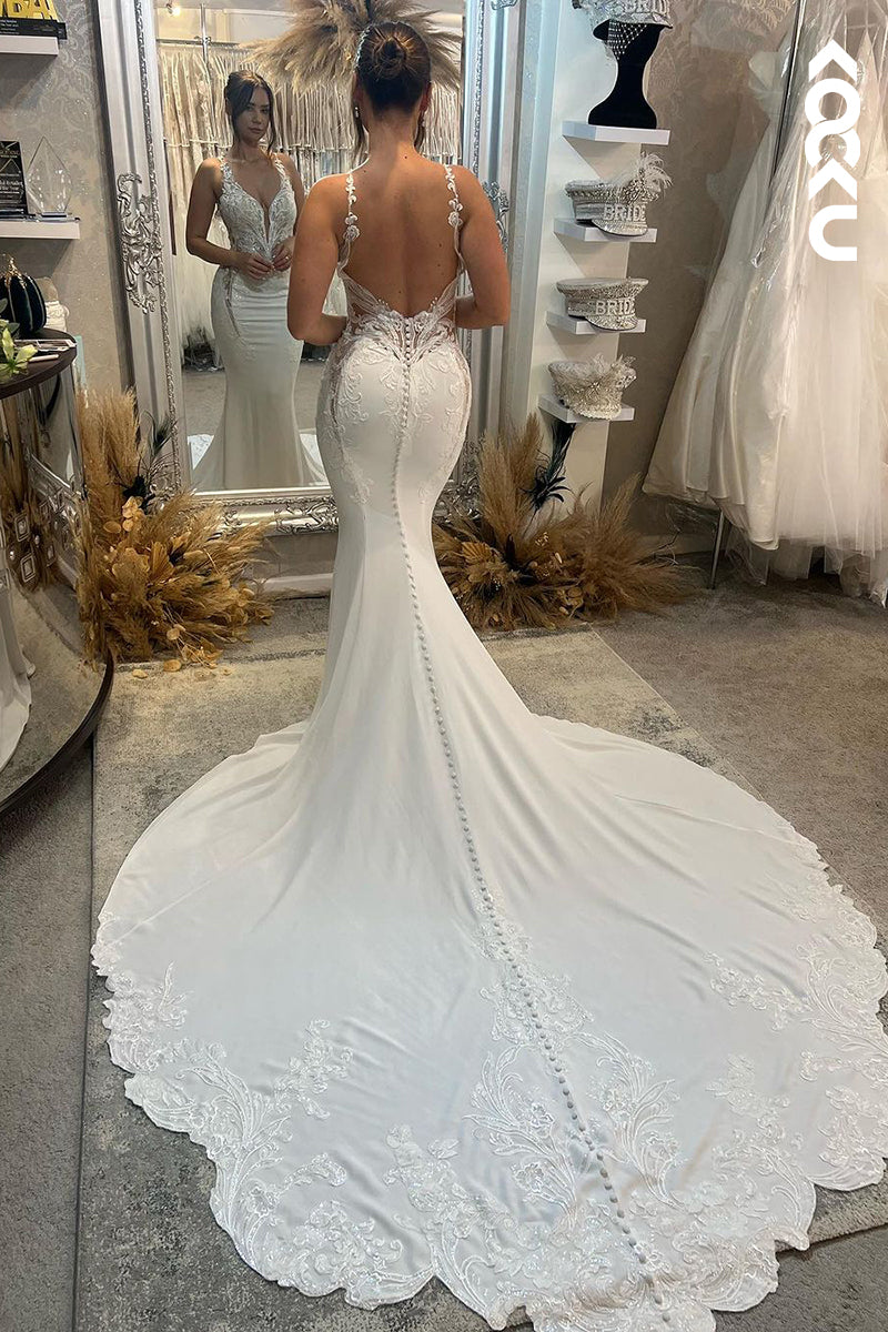K1920 - Sexy & Hot Mermaid V-Neck Straps Floral Appliques Satin Wedding Dress With Court Train