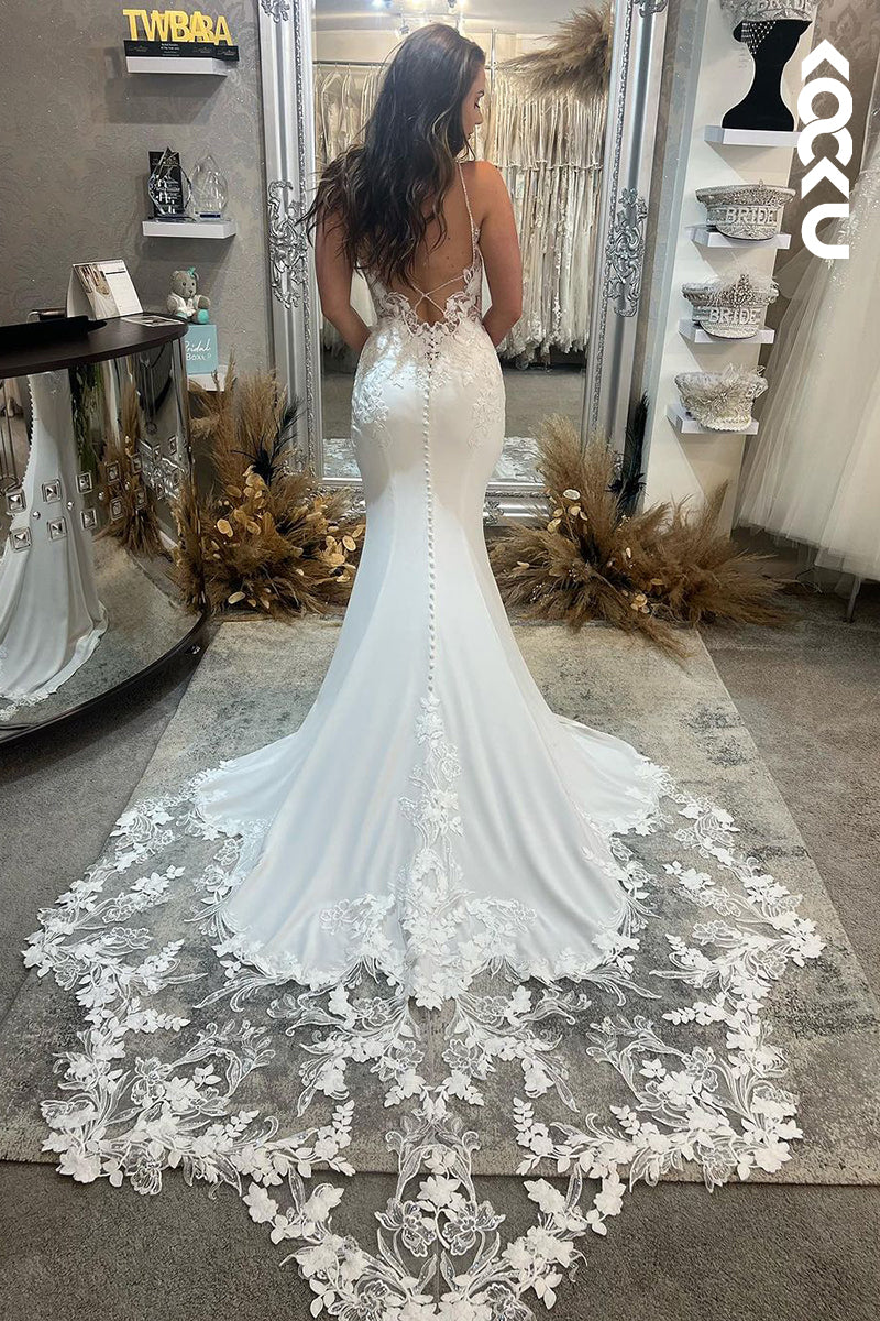 K1922 - Sexy & Hot Mermaid V-Neck Straps Lace Floral Appliques Satin Wedding Dress With Sweep Train