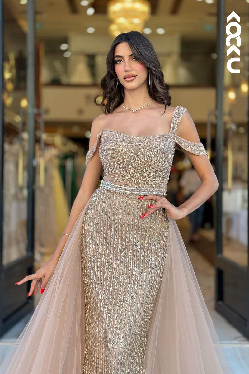 L2536 - Sexy & Hot Sheath Asymmetrical Fully Beaded Evening Gown Prom Dress with Overlay