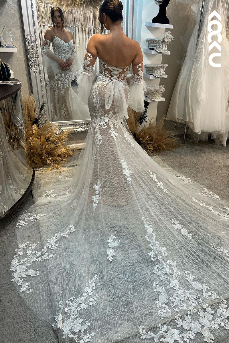 K1918 - Sexy & Hot Sheath & Mermaid Strapless Tulle Fully Appliqued Sheer Wedding Dress With Court Train