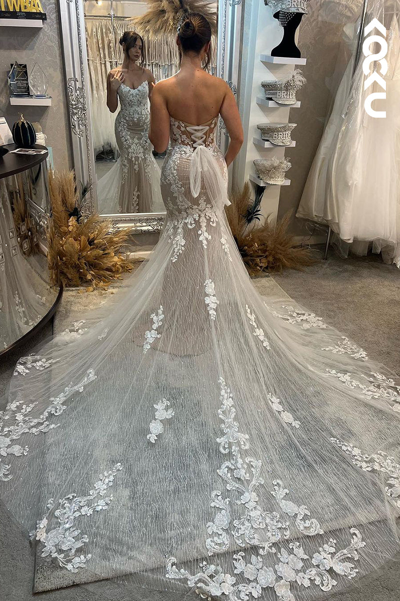 K1918 - Sexy & Hot Sheath & Mermaid Strapless Tulle Fully Appliqued Sheer Wedding Dress With Court Train