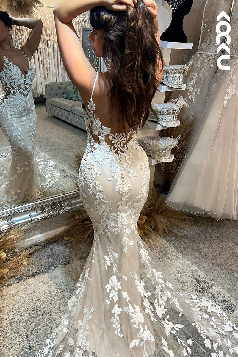 K1926 - Sexy & Hot Sheath & Mermaid Straps V-Neck Fully Floral Appliqued Wedding Dress With Court Train