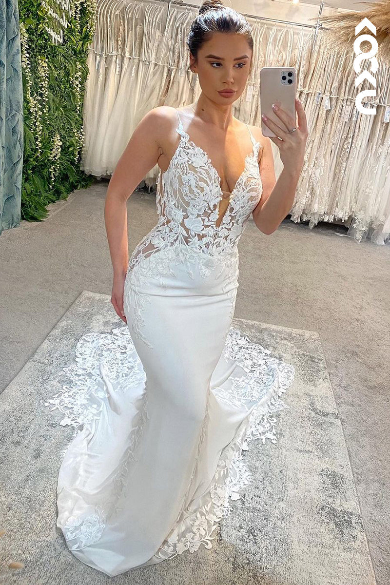 K1927 - Sexy & Hot Sheath & Mermaid V-Neck Straps Paneled Wedding Dress With Court Train