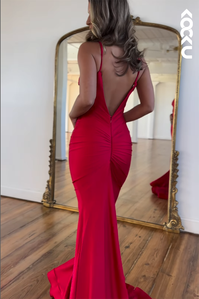 L2554 - Couture & Ornate Red Backless V-Neck Spaghetti Straps Mermaid Party Prom Dress