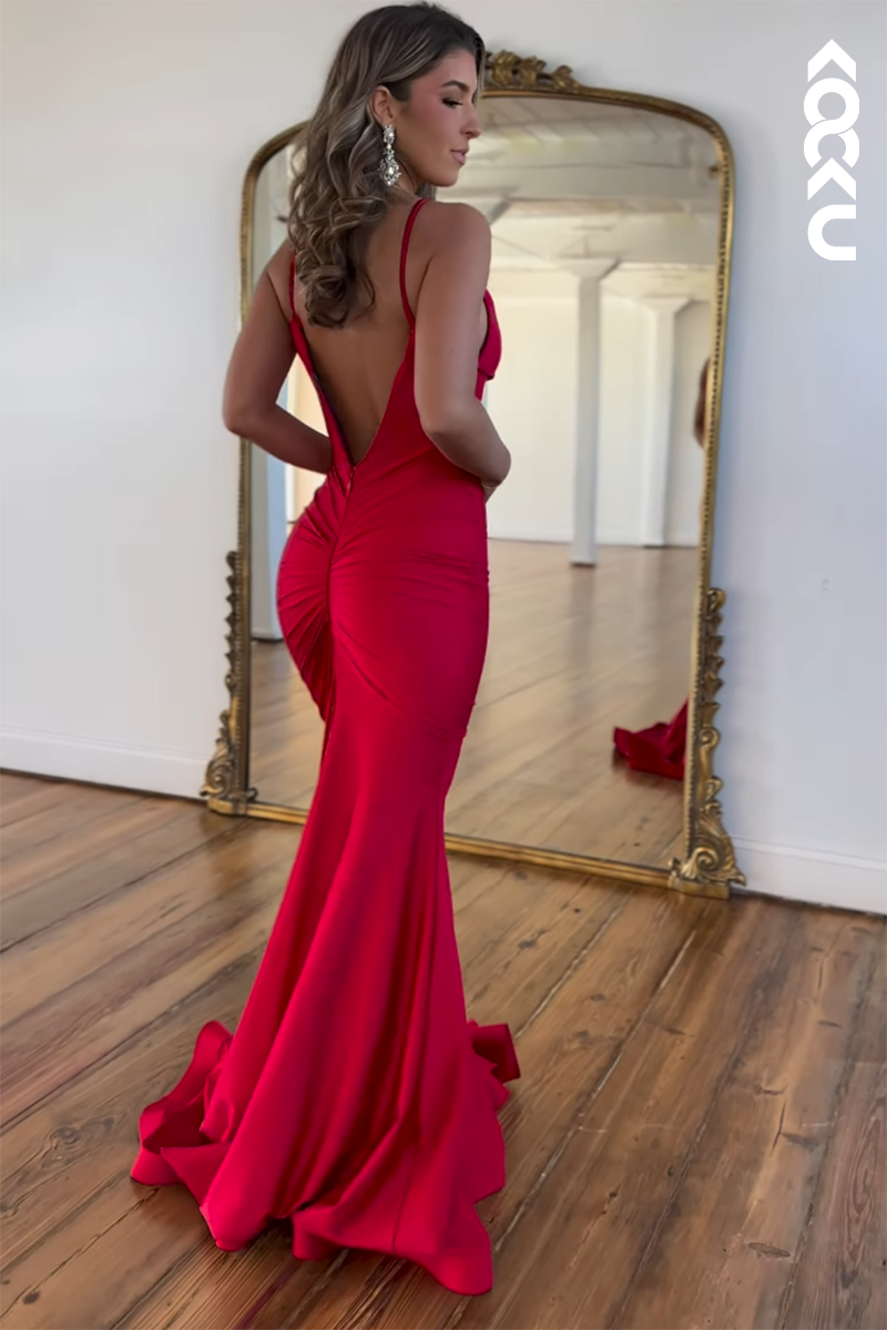 L2554 - Couture & Ornate Red Backless V-Neck Spaghetti Straps Mermaid Party Prom Dress