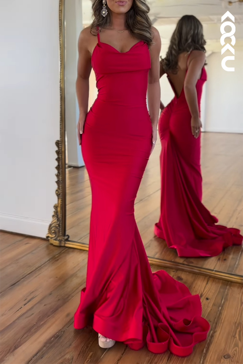 L2554 - Couture & Ornate Red Backless V-Neck Spaghetti Straps Mermaid Party Prom Dress