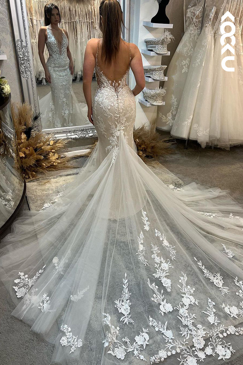 K1930 - KOCKU Sexy & Chic Mermaid V-Neck Tulle Floral Appliqued Wedding Dress With Court Train