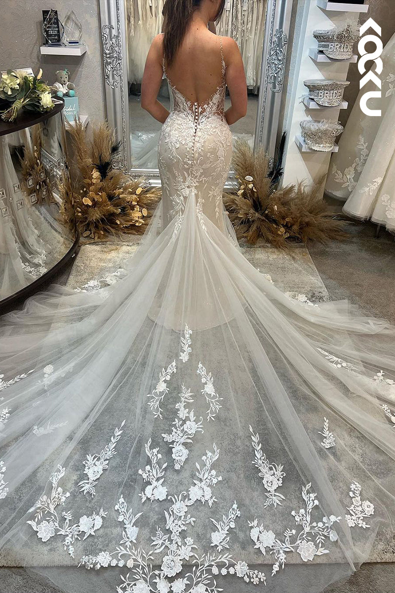 K1930 - KOCKU Sexy & Chic Mermaid V-Neck Tulle Floral Appliqued Wedding Dress With Court Train