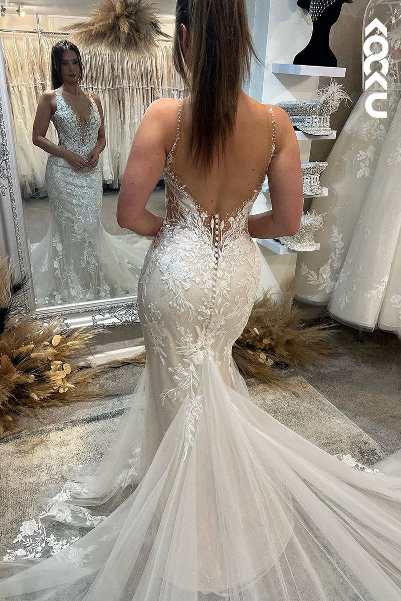 K1930 - KOCKU Sexy & Chic Mermaid V-Neck Tulle Floral Appliqued Wedding Dress With Court Train