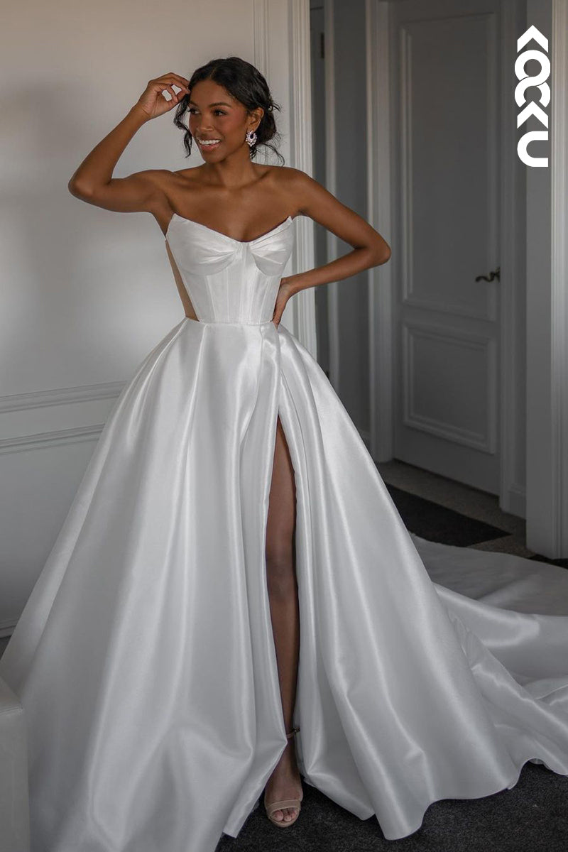 K1862 - Simple & Elegant V-Neck Sleeveless A-Line Slit Wedding Dress