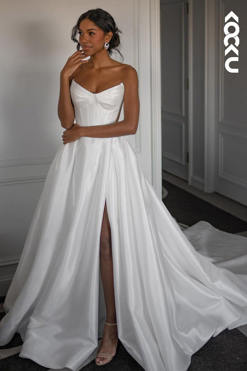 K1862 - Simple & Elegant V-Neck Sleeveless A-Line Slit Wedding Dress
