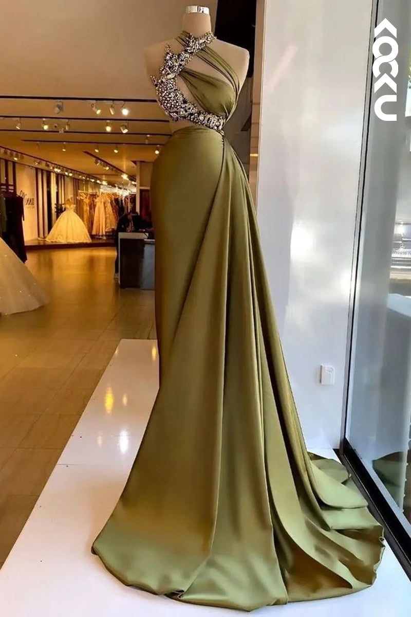 L2552 - Elegant & Luxurious Halter Sleevess Sheath Sleeveless Formal Prom Dress With Rhinestones