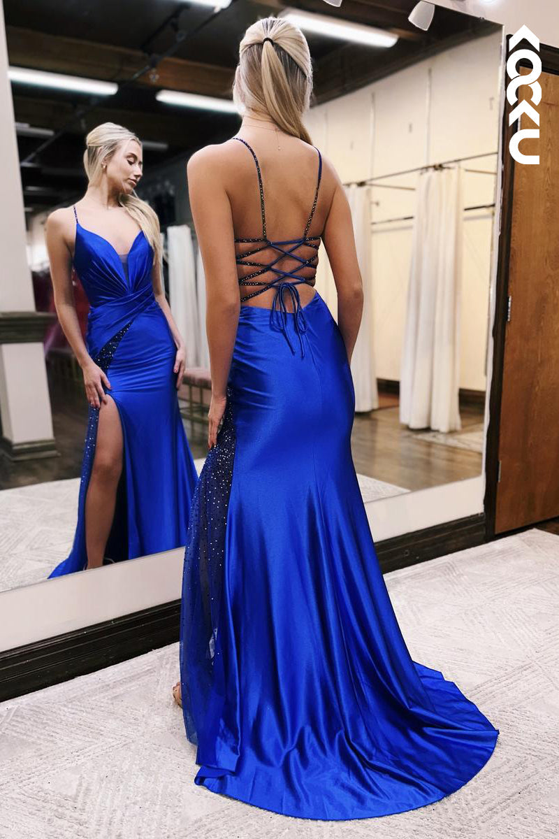 L2585 - Chic & Morden V-neck Spaghetti Straps Evening Party Prom Dress With Slit