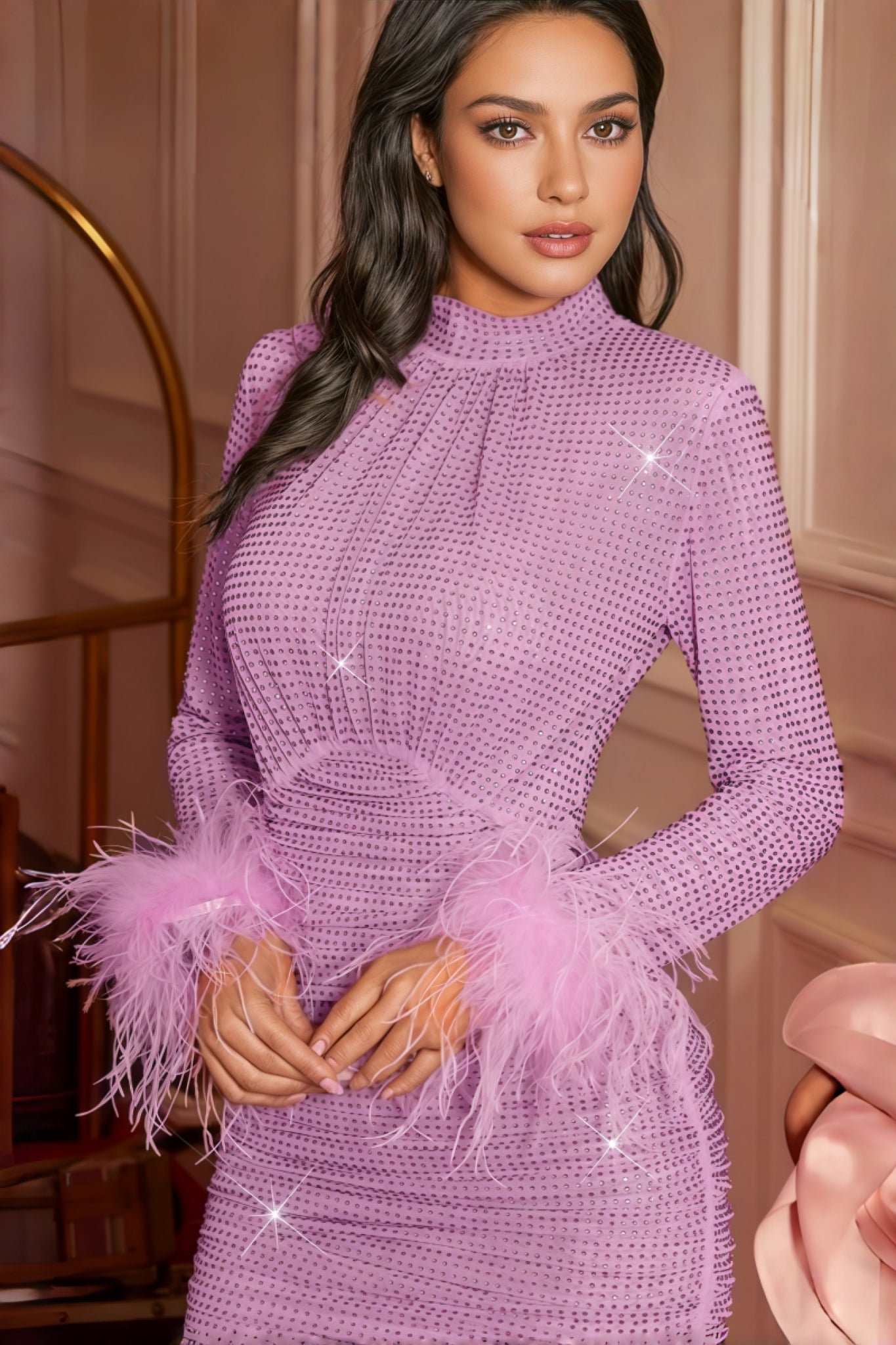 Pema Rhinestone Feather Embellished Mini Dress - View 3