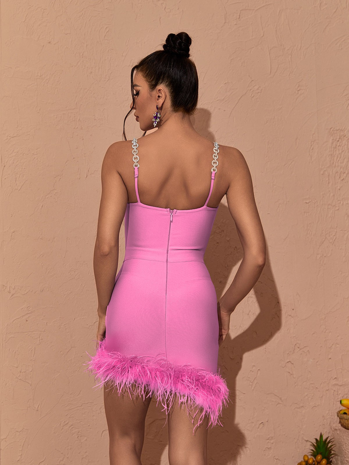 Crystal Chain Strap Feather Trim Sweetheart Bandage Mini Dress