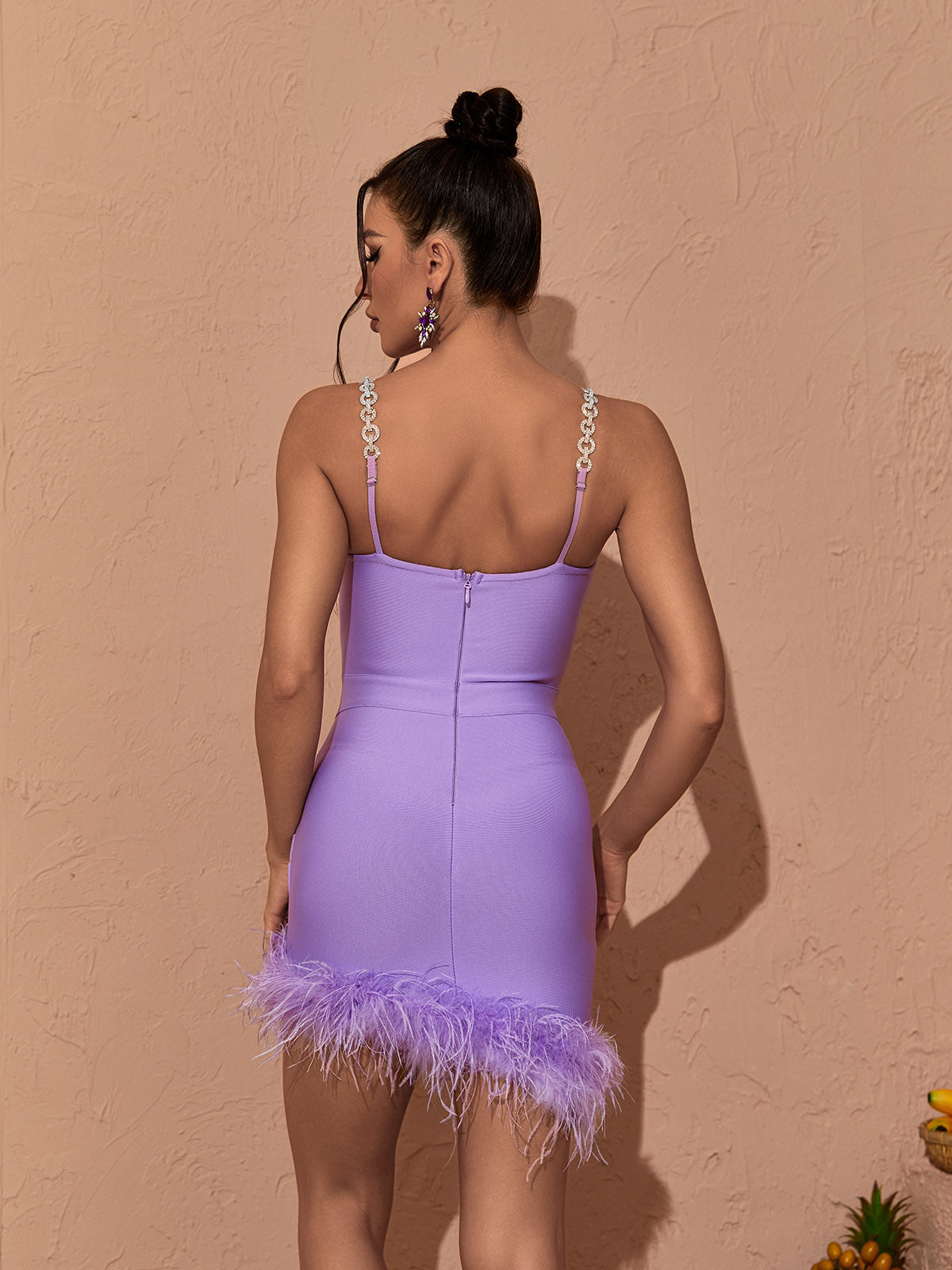 Crystal Chain Strap Sweetheart Bustier Feather Trim Bandage Mini Dress
