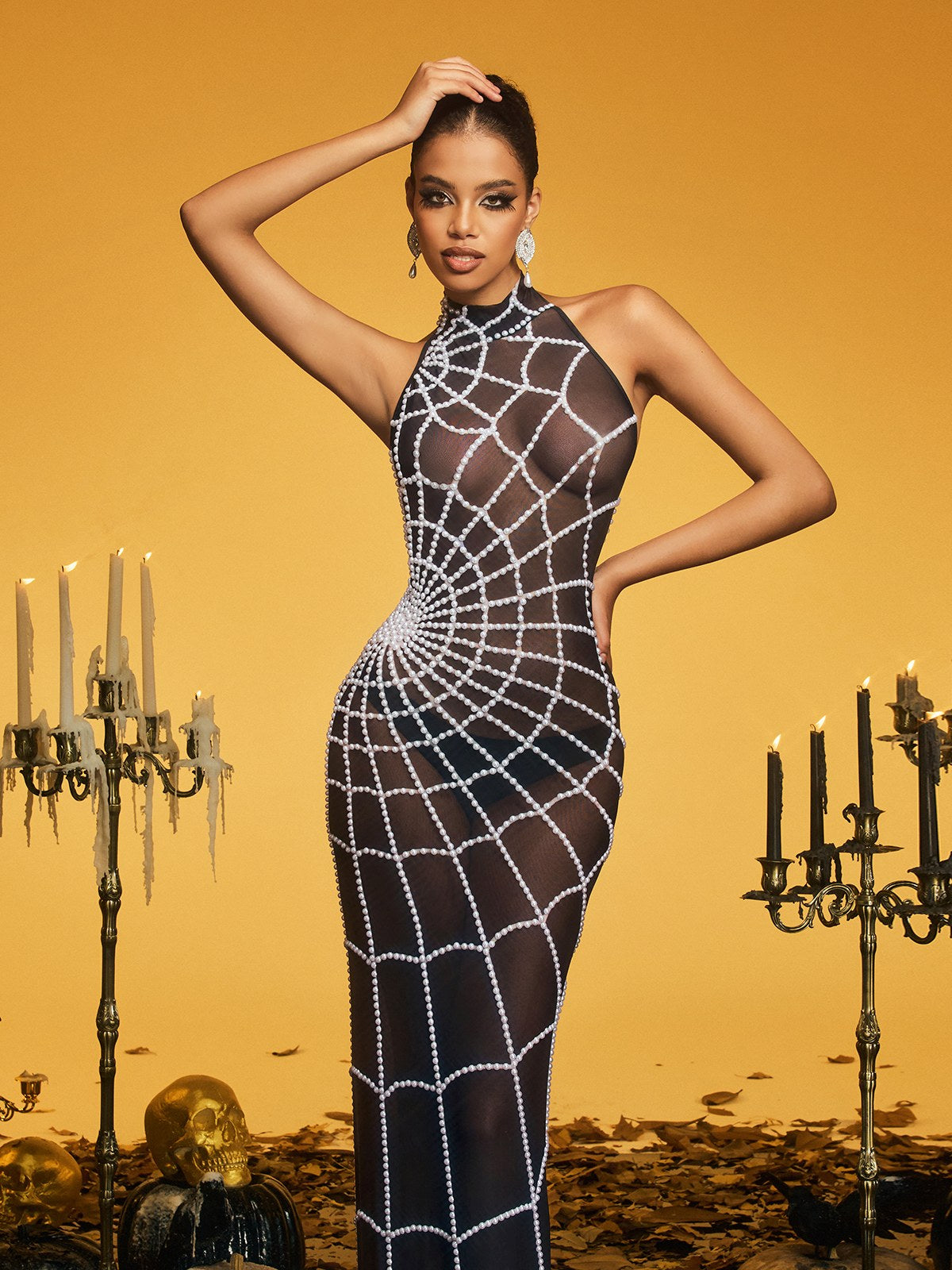 Mesh High Neck Pearl Beaded Cobweb Bodycon Maxi Gown
