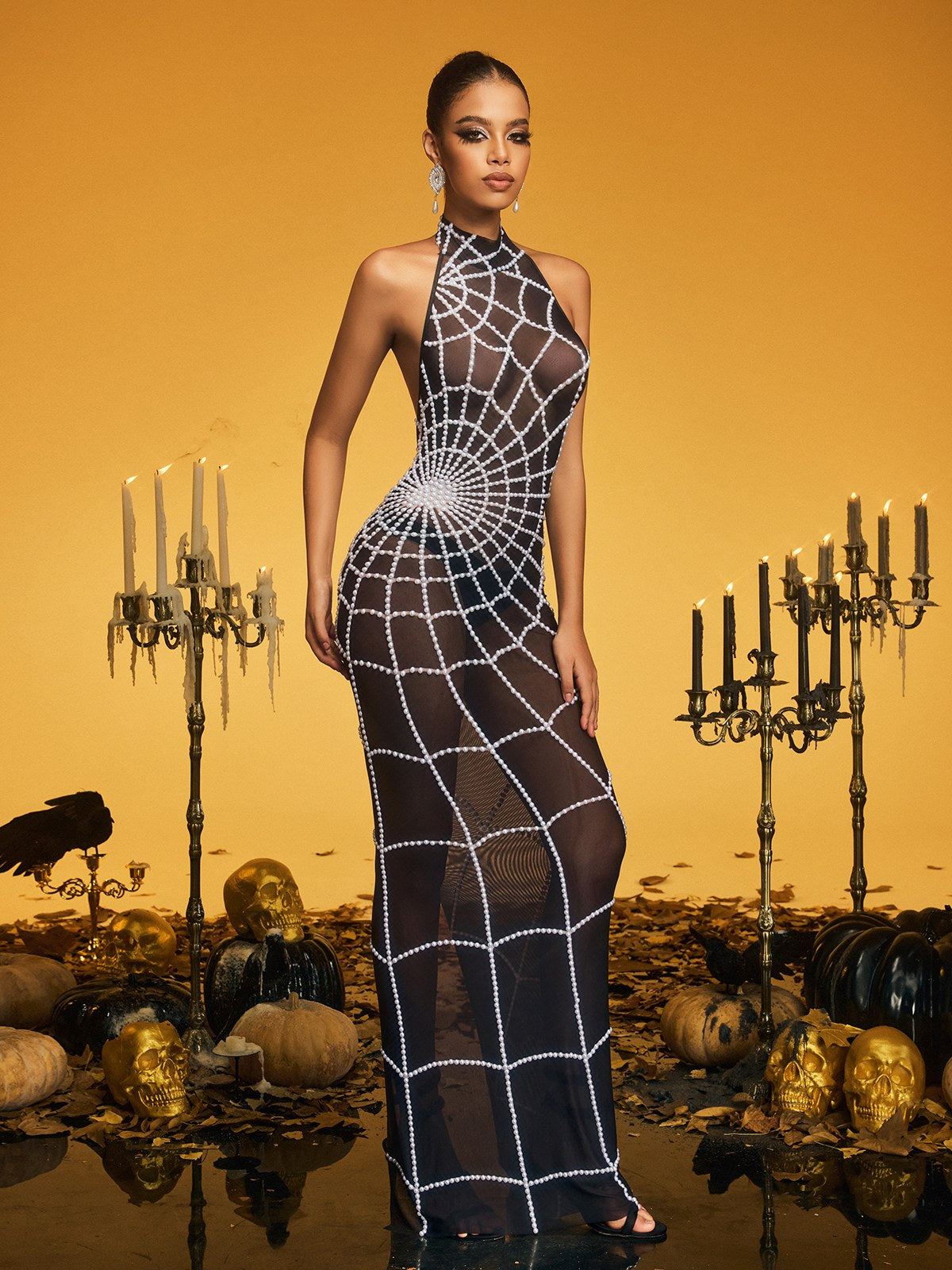 Mesh High Neck Pearl Beaded Cobweb Bodycon Maxi Gown