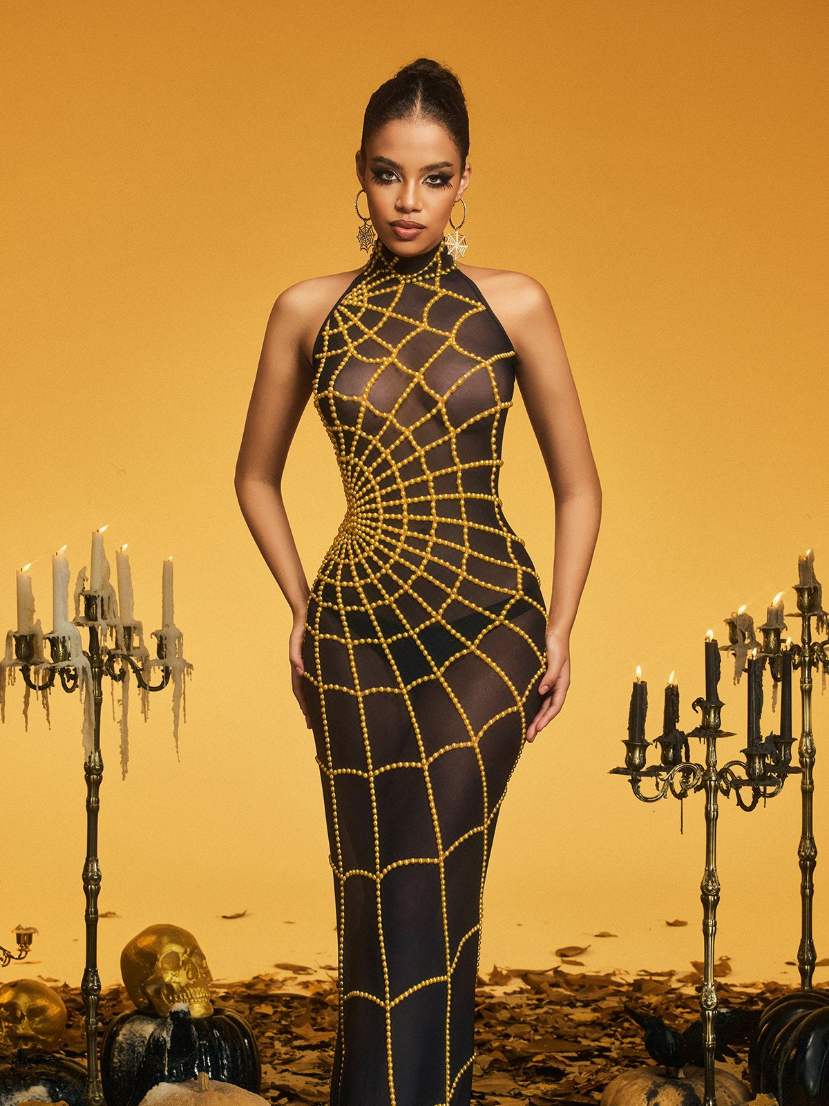 Beaded Spiderweb Halter Neck Mesh Bodycon Maxi Gown