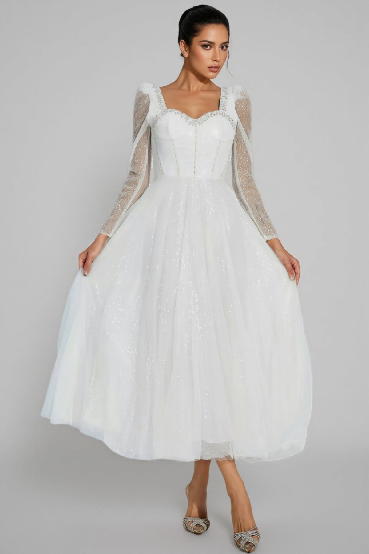 Sequin Tulle Sweetheart Neck Sheer Long Sleeve Corset Bodice A-Line Midi Dress