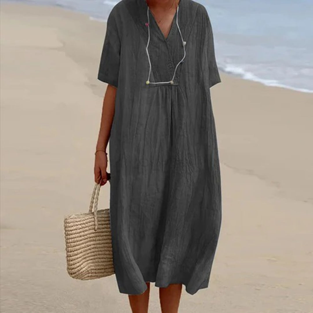 V-Neck Short Sleeve Shift Midi Dress 2