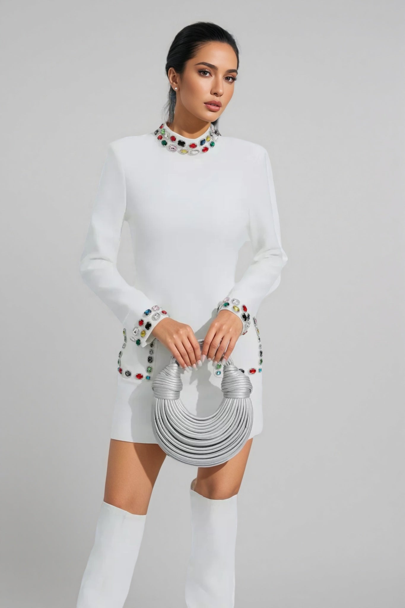 Gemstone Embellished Mock Neck Long Sleeve Patch Pocket Mini Dress