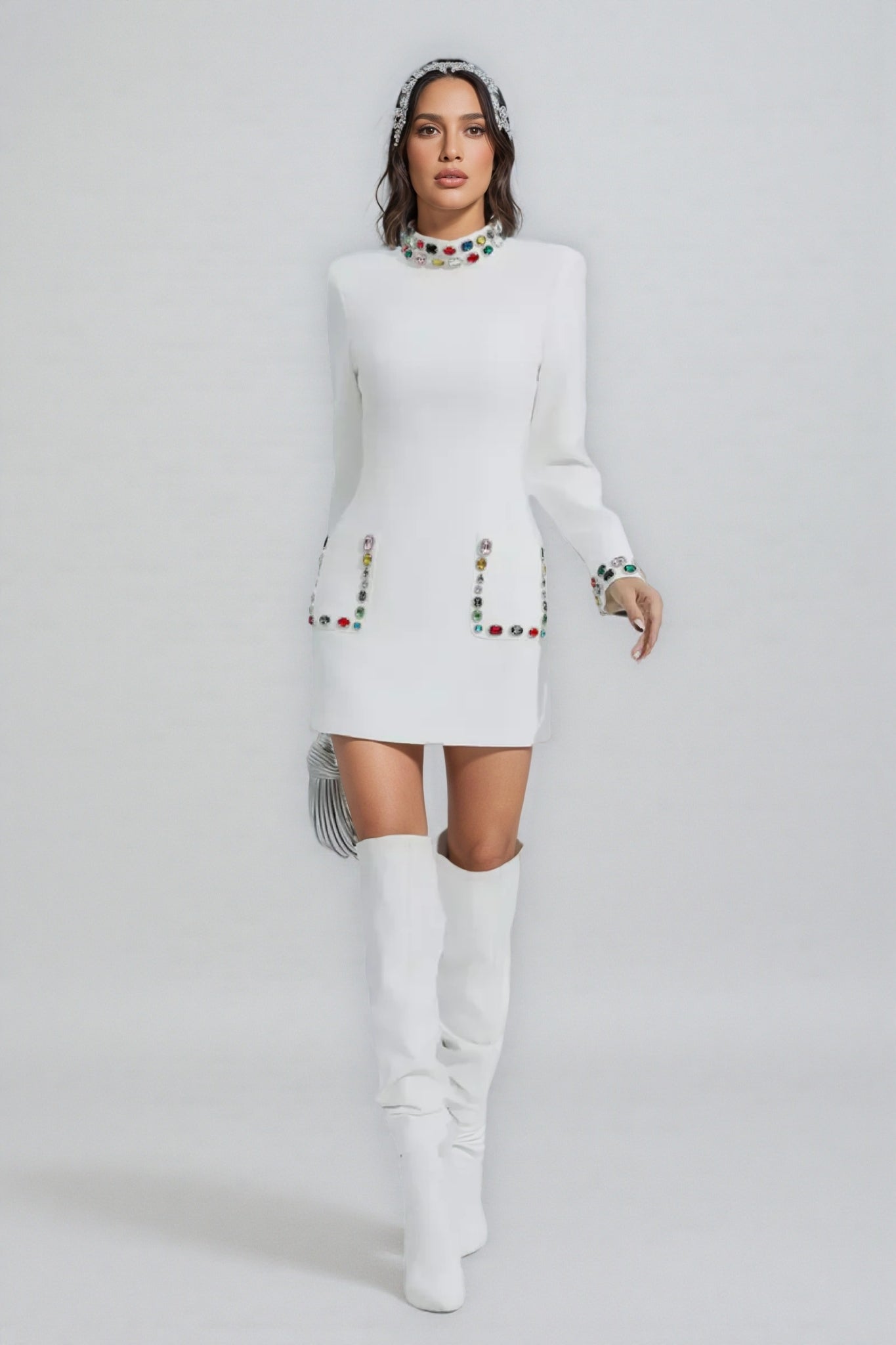 Gemstone Embellished Mock Neck Long Sleeve Patch Pocket Mini Dress