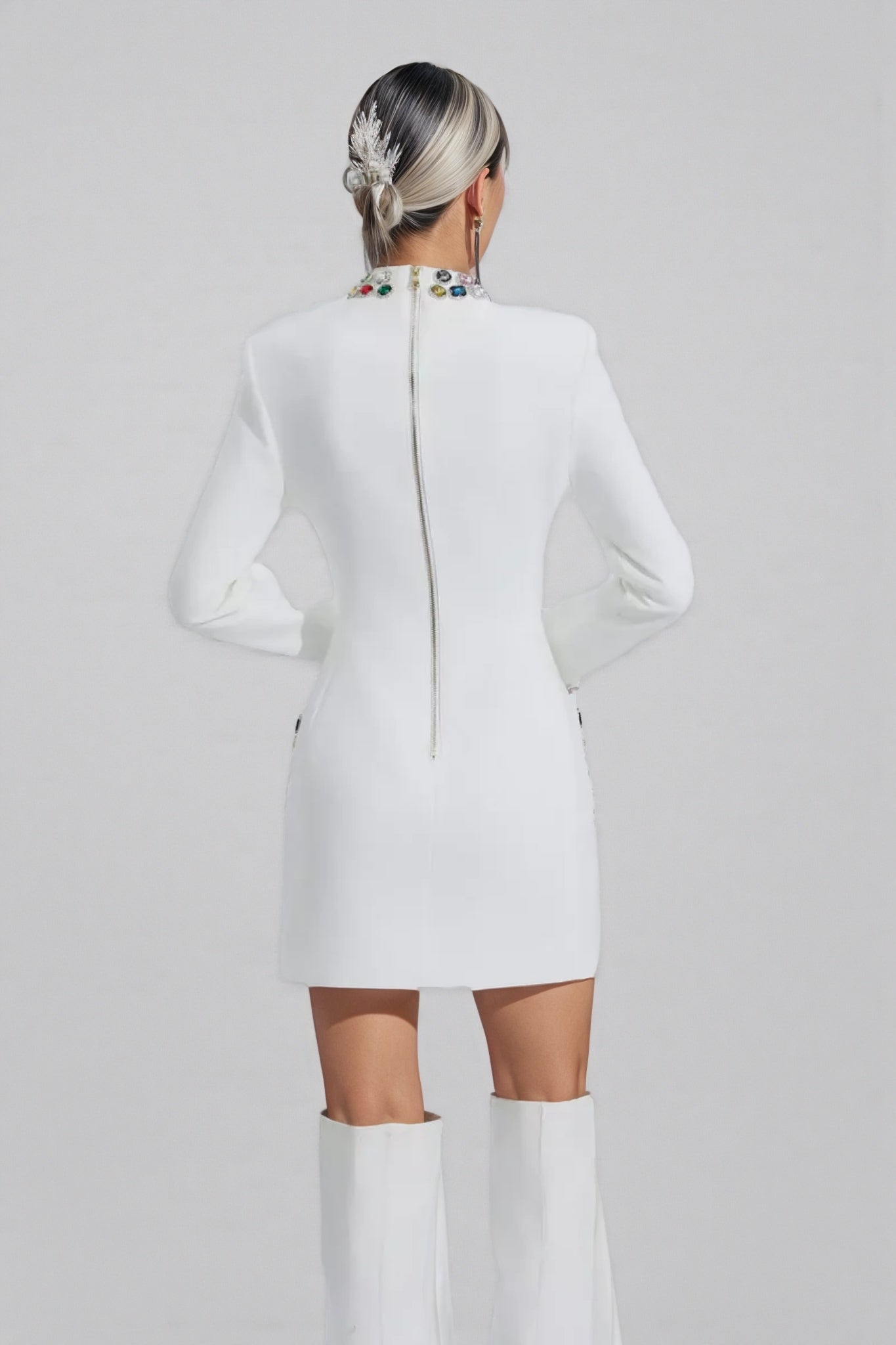Gemstone Embellished Mock Neck Long Sleeve Patch Pocket Mini Dress
