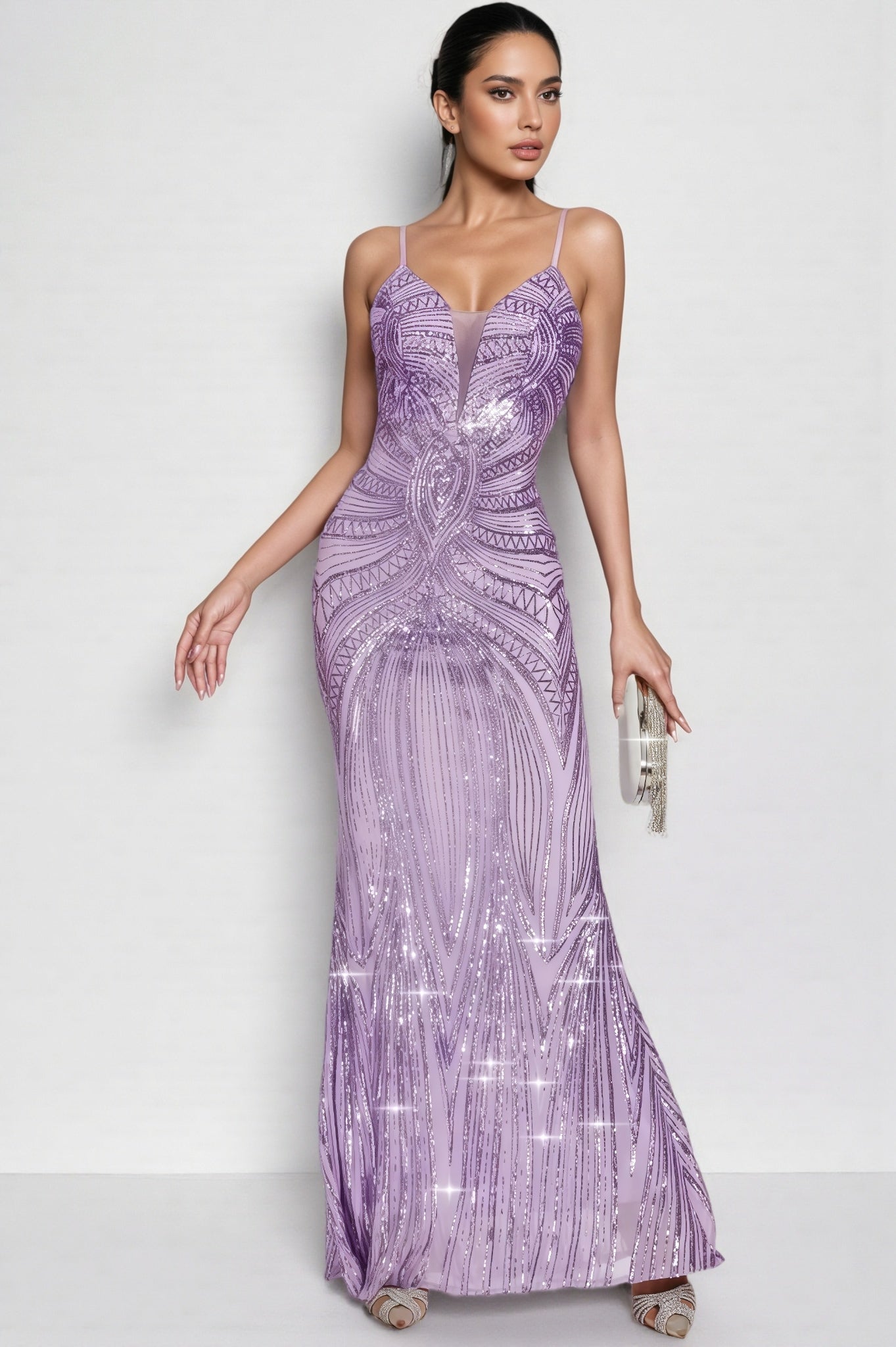 Sequin Deep V-Neck Spaghetti Strap Mermaid Maxi Dress