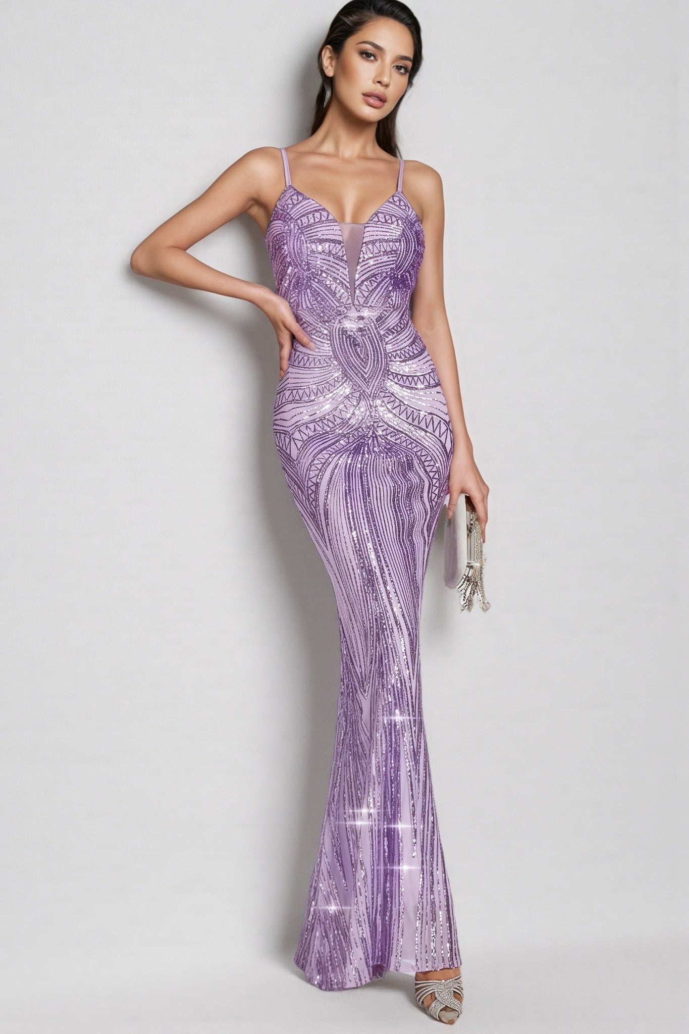 Sequin Deep V-Neck Spaghetti Strap Mermaid Maxi Dress