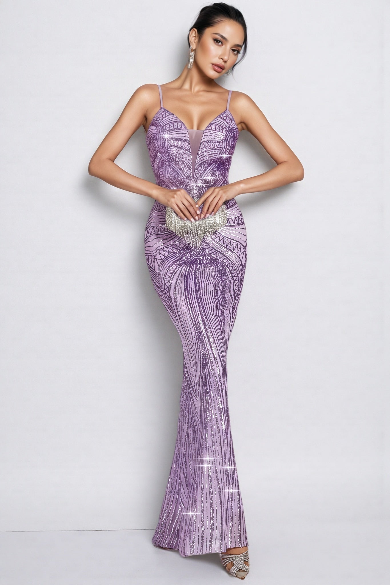 Sequin Deep V-Neck Spaghetti Strap Mermaid Maxi Dress