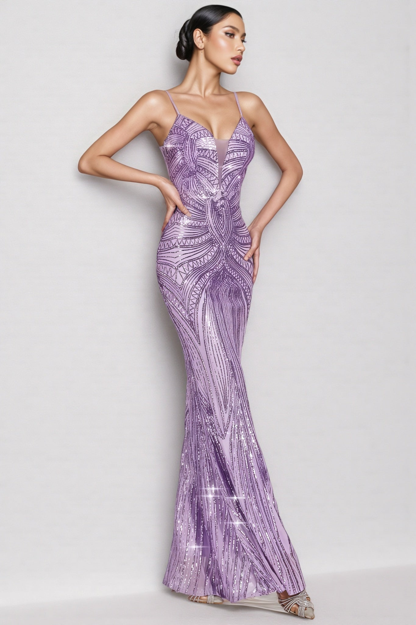 Sequin Deep V-Neck Spaghetti Strap Mermaid Maxi Dress