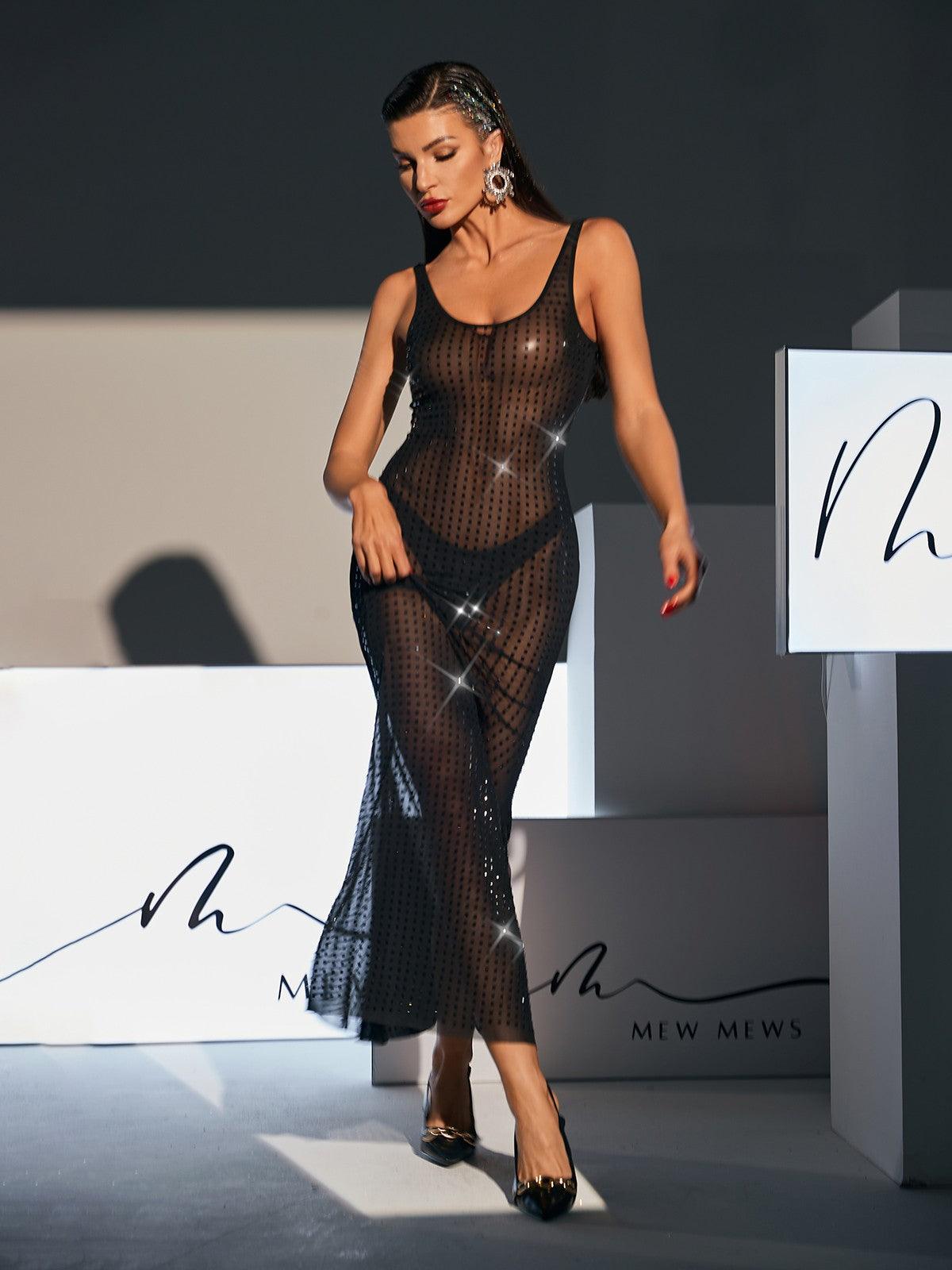 Backless Embellished Mesh Maxi Dress In Black - View 4